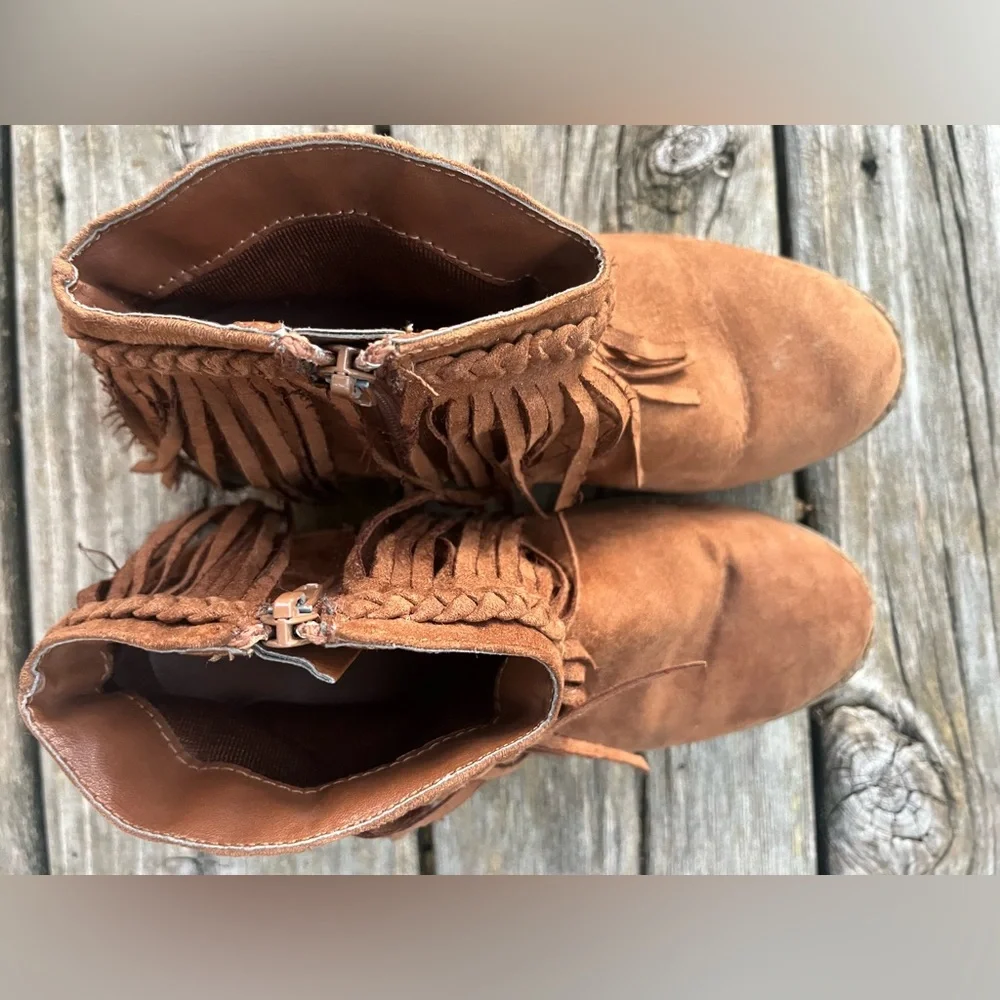 Girls’ Brown Suede Fringe Ankle Boots Tan Cowgirl Size5